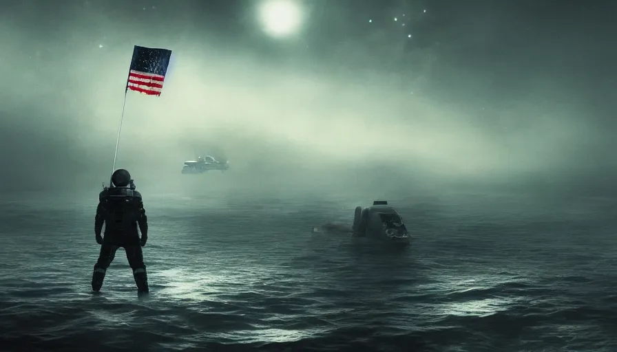 Image similar to astronaut holding a flag in an underwater desert. a submarine is visible in the distance. dark, concept art, cinematic, dramatic, atmospheric, 8 k, trending on artstation, blue, fish, low visibility, fog, ocean floor, christopher nolan, interstellar