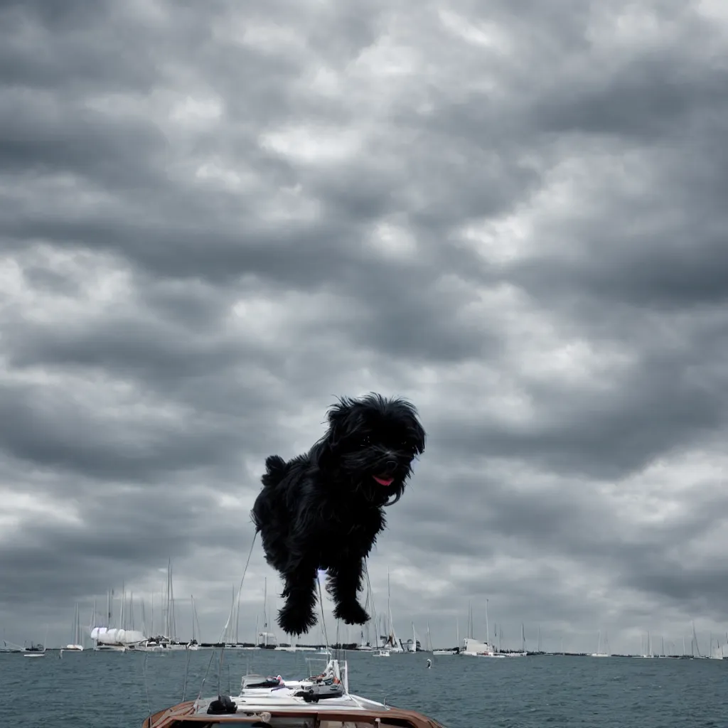 Prompt: black maltese dog on a sailboat, realistic photo, threatening clouds