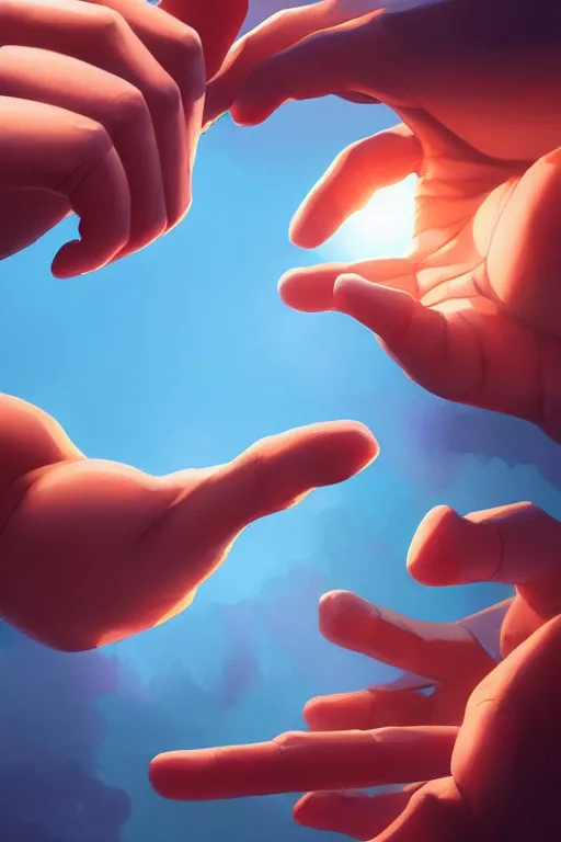 Image similar to a hand reaching out to another hand, behance hd by jesper ejsing, by rhads, makoto shinkai and lois van baarle, ilya kuvshinov, rossdraws global illumination ray tracing hdr radiating a glowing aura