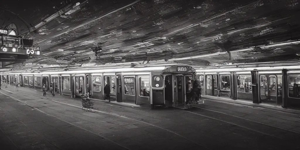 Prompt: train station in space, nostalgic atmosphere, photo, neon lights