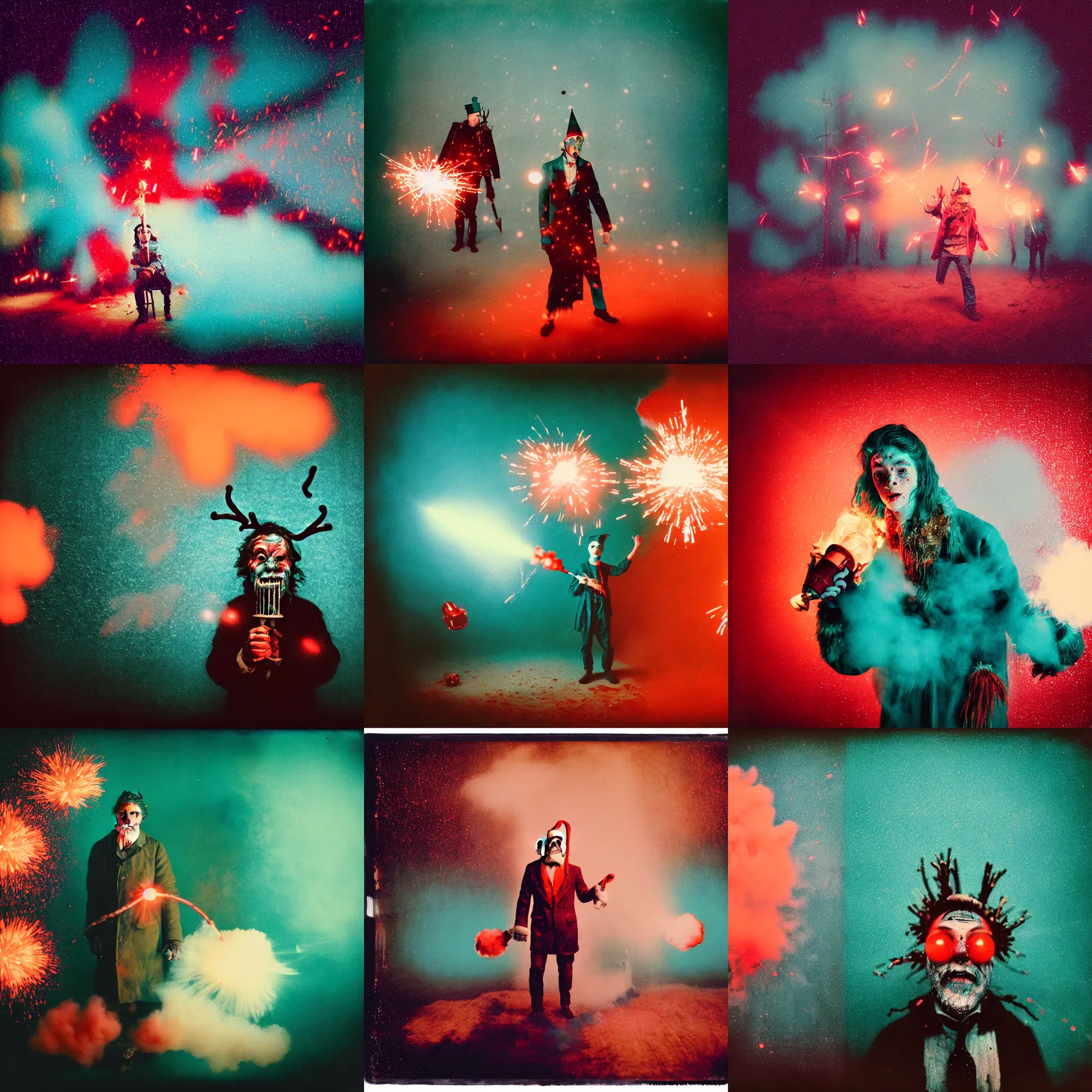 Prompt: kodak portra 4 0 0, wetplate, christmas, teal and orange and pink colours, explosions, rockets, krampus, the walking dead, 1 9 1 0 s style, motion blur, portrait photo of a backdrop, bombs, sparkling, fog, by georges melies and by britt marling