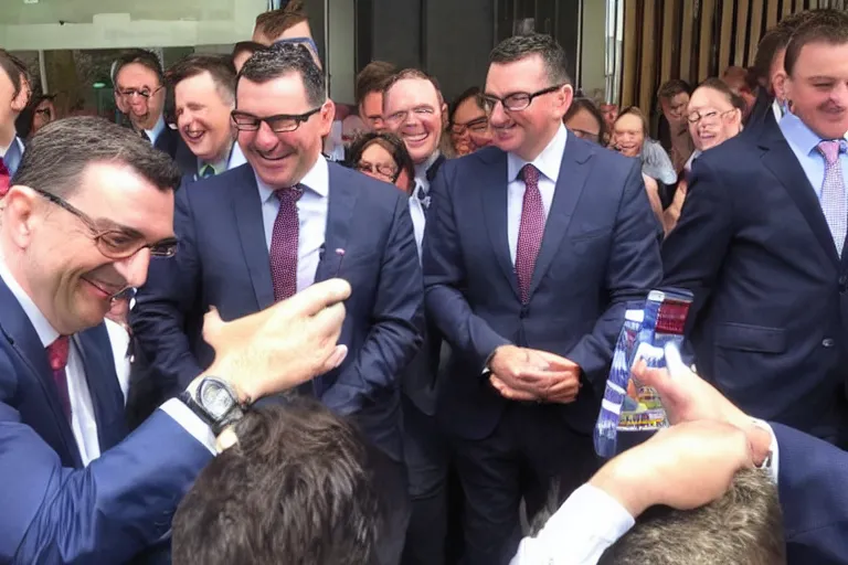 Prompt: Premier Daniel Andrews smiles as Melbourne city burns to the ground