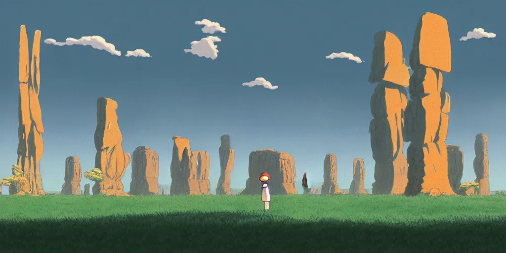 Image similar to a realistic cell - shaded studio ghibli concept art from paprika ( 2 0 0 6 ) of shouxing from close encounters of the third kind ( 1 9 7 7 ) in a flooded monument valley stonehenge. very dull colors, wide shot, hd, 4 k, hq