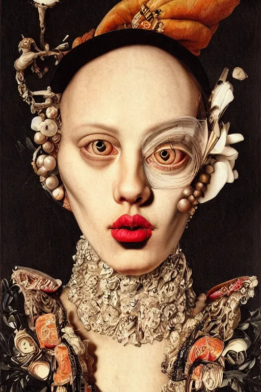 Image similar to Detailed maximalist portrait with large lips and with large eyes, surprised expression, HD mixed media, 3D collage, highly detailed and intricate illustration in the style of Caravaggio, dark art, baroque