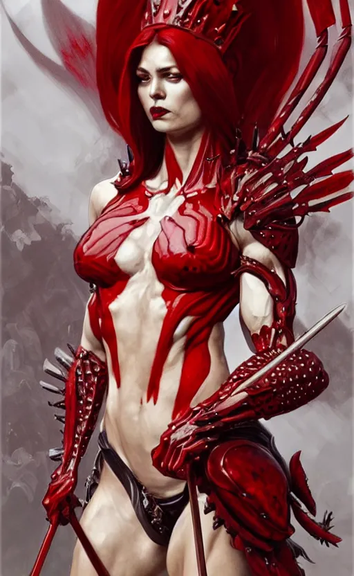 Prompt: Gothic crustacean muscular bodybuilder warrior queen in red and white chitin armor, fantasy, highly detailed, digital painting, artstation, concept art, smooth, sharp focus, illustration, art by artgerm and greg rutkowski and alphonse mucha