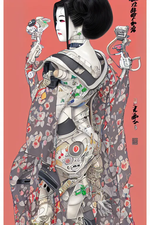 Image similar to full body portrait of a Japanese robot geisha with kanji tattoos and decals wearing a digital pixelated kimono, intricate design, photorealistic, ultra fine detailed, character design, trending on artstation