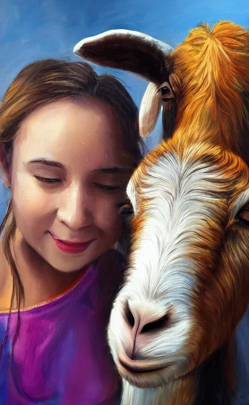 Prompt: beautiful high quality photo painting of a girl taking a selfie with a goat. vibrant, high quality, very funny, beautiful, hq. hd. 4 k. award winning. trending on artstation