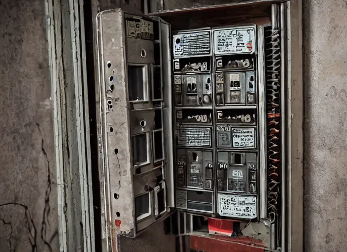 Prompt: human - ape hybrid inside fuse box in post communist apartment building