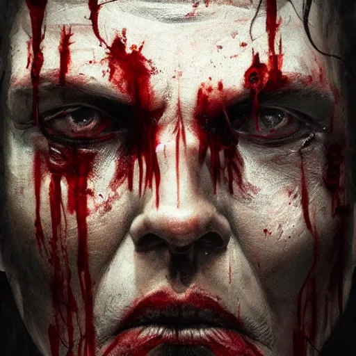 Prompt: close-up, symmetrical, portrait of man, bloody, bruised, scarred, marvel art, art by greg rutkowski, matte painting, trending on artstation