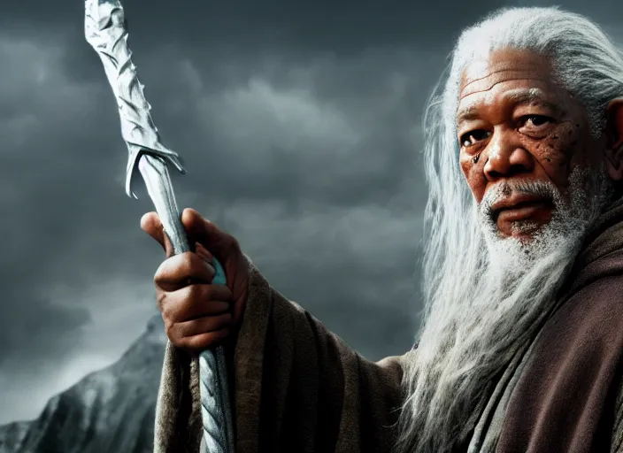 Image similar to morgan freeman starring as gandalf in lord of the rings, film still in the new batman movie, 4 k