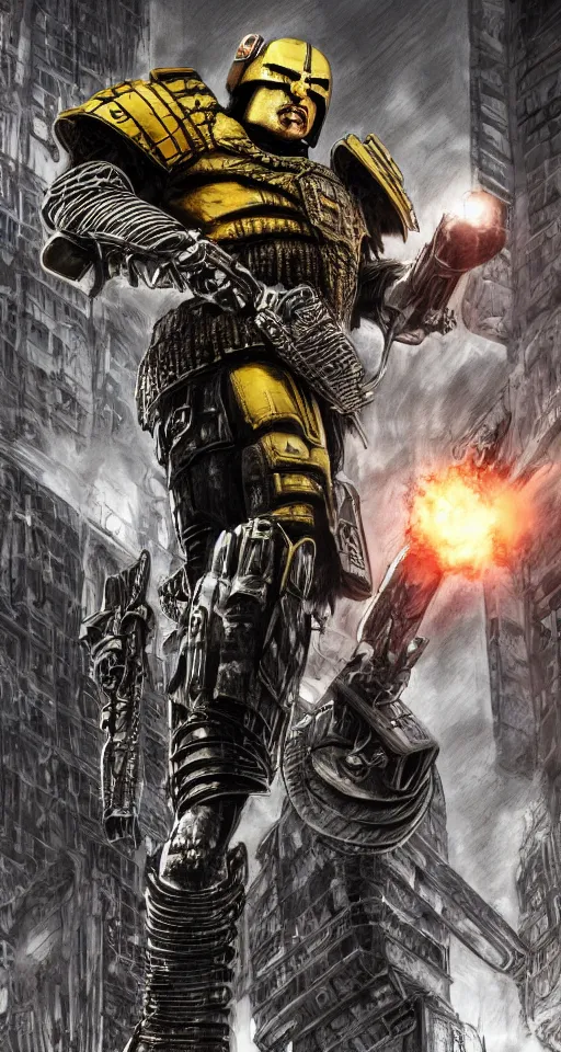 Image similar to Judge Dredd Designed By Moebius Yasushi Nirasawa and HR Giger, full body action pose, hyperrealistic, octane render, HDR, volumetric lighting,