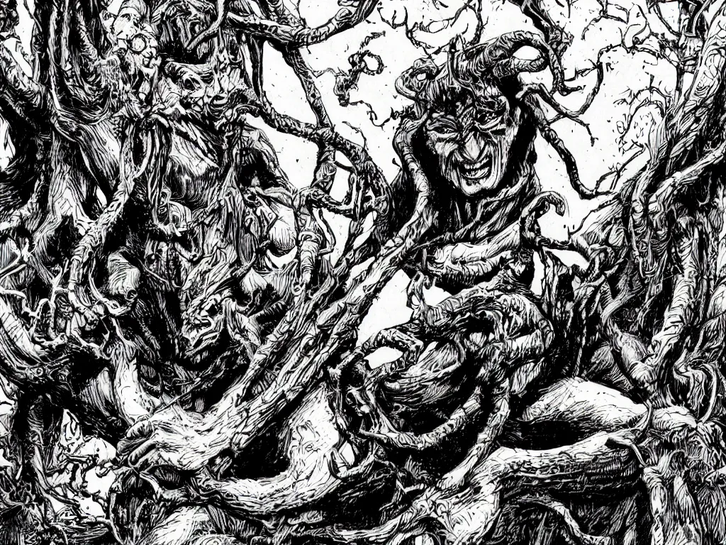 Prompt: higly detailed illustration in the style of bernie wrightson with an eight eyed humanoid god dealing cards over a medieval field