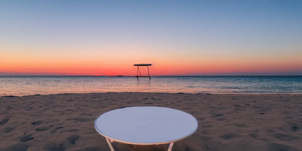 Image similar to professional photo of an empty white dish over a table with a sunset on the beach in the background