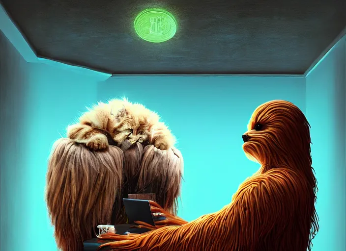 Prompt: wookiee is comfy at home trading crypto with his cat. the charts are at all time highs, gains, green charts, painting by grant wood, 3 d rendering by beeple, wlop