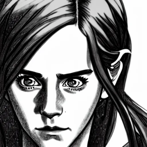 Image similar to a very detailed pencil drawing of emma watson in demon slayer manga panel 4 k, high resolution, still, landscape, hd, dslr, hyper realistic, manga, beautiful