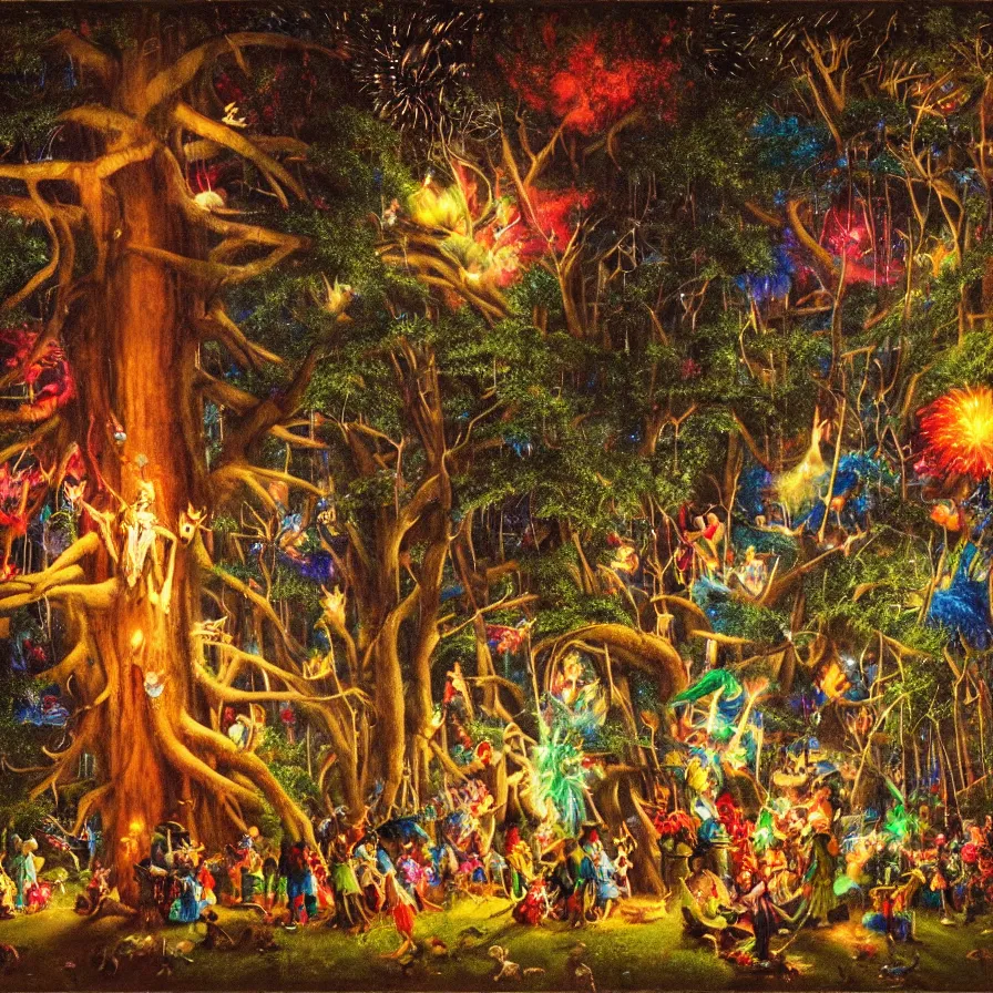 Image similar to closeup of a night carnival inside a tree cavity in a magical forest in the middle of a summer storm, with a music scenario with many fireworks and christmas lights, volumetric lightning, instense god rays in the sky, folklore people disguised with fantastic creatures in a magical forest by summer night, masterpiece painted by norman rockwell, very coherent and colorful high contrast masterpiece,