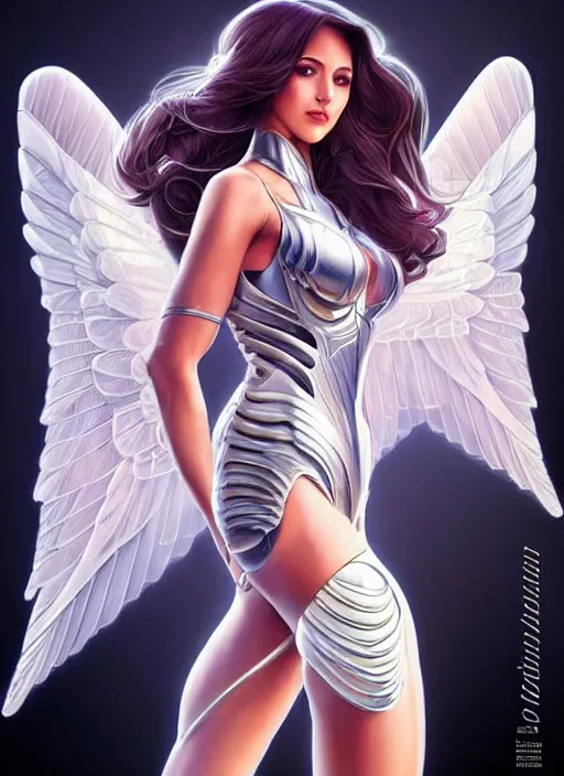 Image similar to full body photo of a gorgeous!! young, mechanical angel!! woman with crystal wings!! in the style of stefan kostic, realistic, sharp focus, 8 k high definition, insanely detailed, intricate, elegant, art by stanley lau and artgerm