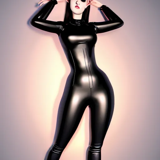 Image similar to portrait of a curvy feminine pale goth cutie in an elaborate latex-leather-rubber tight neck-high outfit, with a thin waist, cgsociety, photorealistic, sublime-comfy-elegant ambience, 16k, smooth, sharp focus, trending on ArtStation, volumetric lighting, fully clothed, worksafe