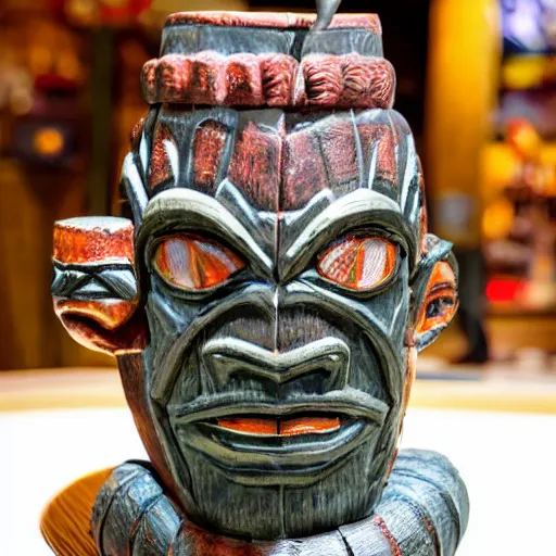 Image similar to a closeup photorealistic photograph of a spider man style tiki mug on a trader vic's bar featuring the face of spider man. tiki theme. bright scene. fine detail. this 4 k hd image is trending on artstation, featured on behance, well - rendered, extra crisp, features intricate detail, epic composition and the style of unreal engine.