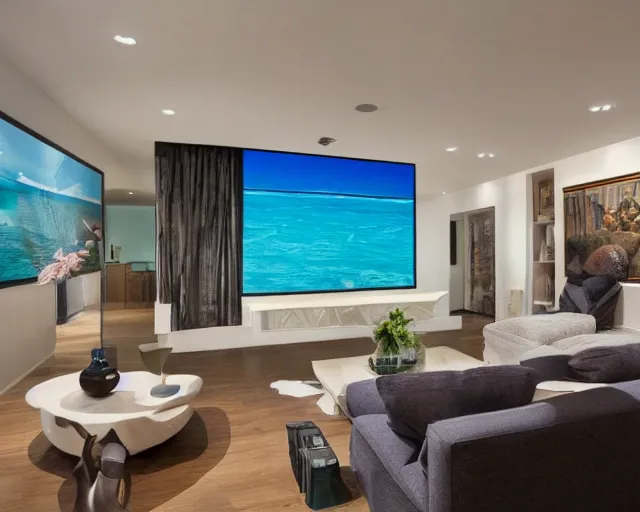 Prompt: A modern living room inspired by the ocean, a luxurious wooden coffee table with large seashells on it, 100 inch television playing drake and josh, amazing detail, 8k resolution, blue color, calm, relaxed style, harmony, wide angle shot