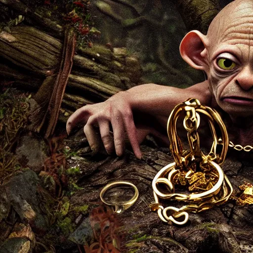 Prompt: Gollum wearing gold rings and Gollum wearing gold chains and Gollum wearing gold medallions in a dark forest, cinematic, foggy atmosphere, photograph