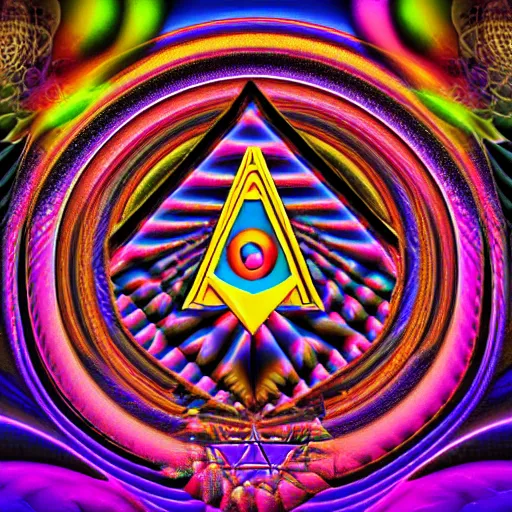 Image similar to Psychedelic Inter-dimensional freemasonic occultic chequered trippy dreamscape in the style of a photo-realistic album cover ( Digital art unreal engine, 3d highly detailed, 8k, UHD, fantasy, dream, otherworldly, bizzare, spirals, colourful, vivid)