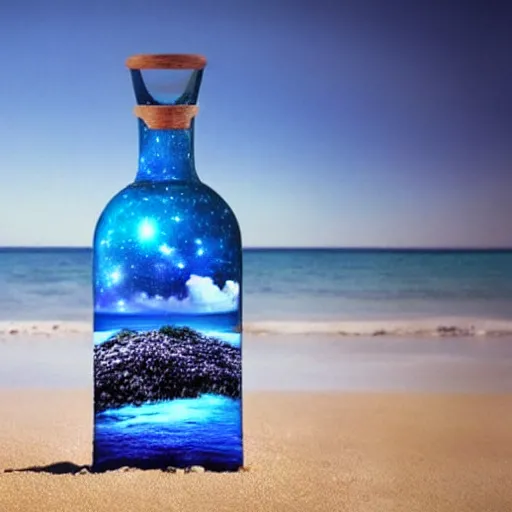 Image similar to a universe inside of a bottle on the beach, hyper detailed, photorealostic