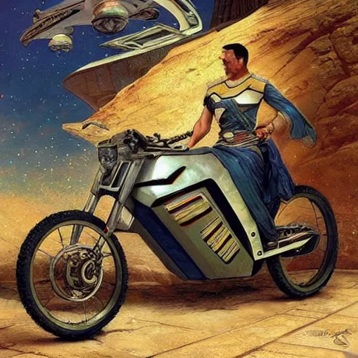 Prompt: STAR TREK motorbike designed in ancient Greece, (SFW) safe for work, photo realistic illustration by greg rutkowski, thomas kindkade, alphonse mucha, loish, norman rockwell