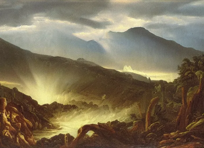 Image similar to a scene of the devonian era, with extinct plants and vast oceans and mountains. a dark sky is looming above. very far away thunder storms are visible. in the style of hudson river school of art, oil on canvas