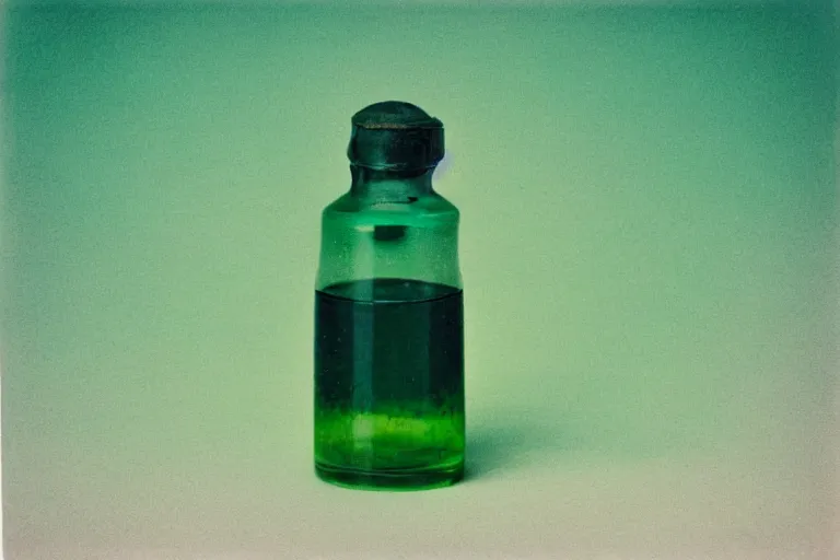 Image similar to small potion with a cork top filled with a green and turquoise gradient liquid, on a desk, old film photo