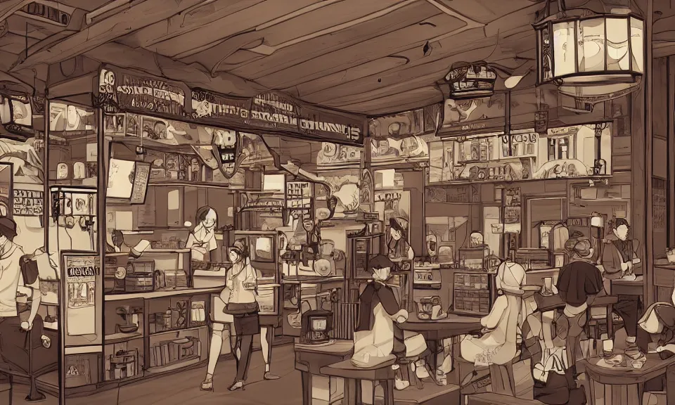 Prompt: interior of a coffee shop, anime style, cozy, drawing, highly detailed