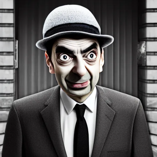 Image similar to mr. bean on the street, black and white color aesthetic, highly detailed, photorealistic portrait, bright studio setting, studio lighting, crisp quality and light reflections, unreal engine 5 quality render