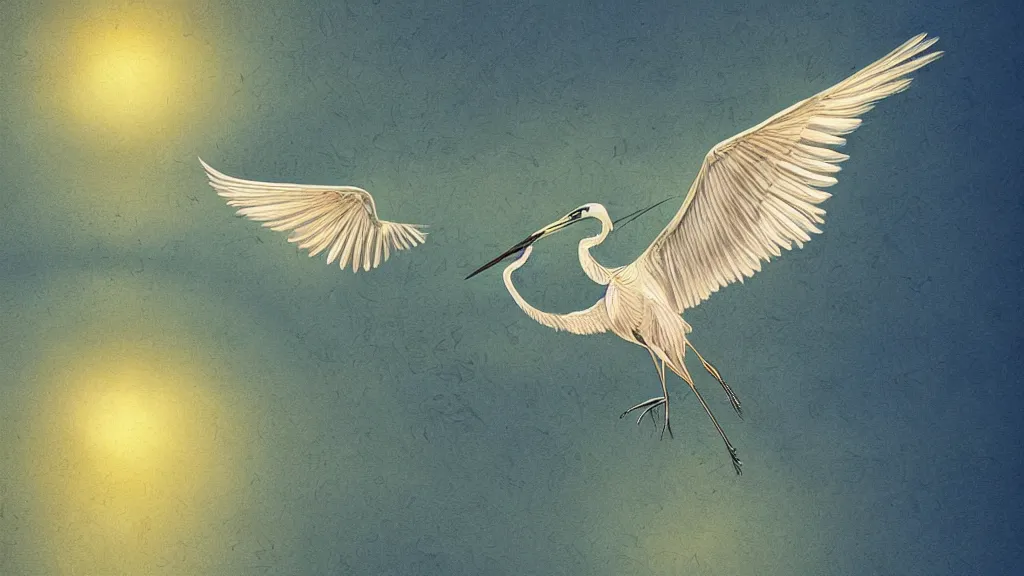 Prompt: a flying heron, highly detailed, artistic composition, sharp focus, intricate concept art, digital painting, colorful flat surreal design, dramatic lighting