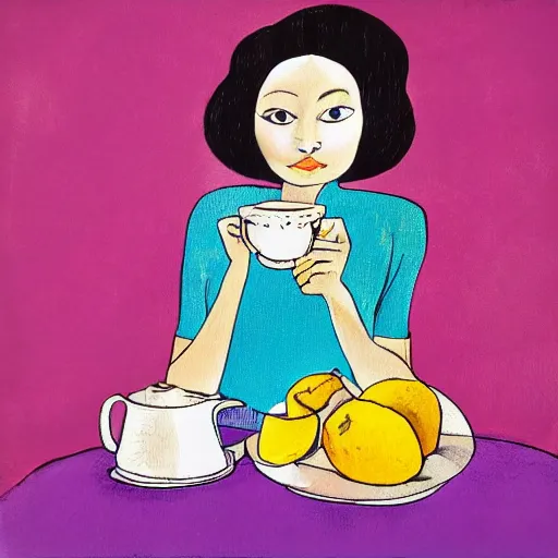 Prompt: beautiful lady, drinking tea, fruit basket, painting, clean shapes, print, litography, pastel colors, ink lines, markus gunnar, konstfack