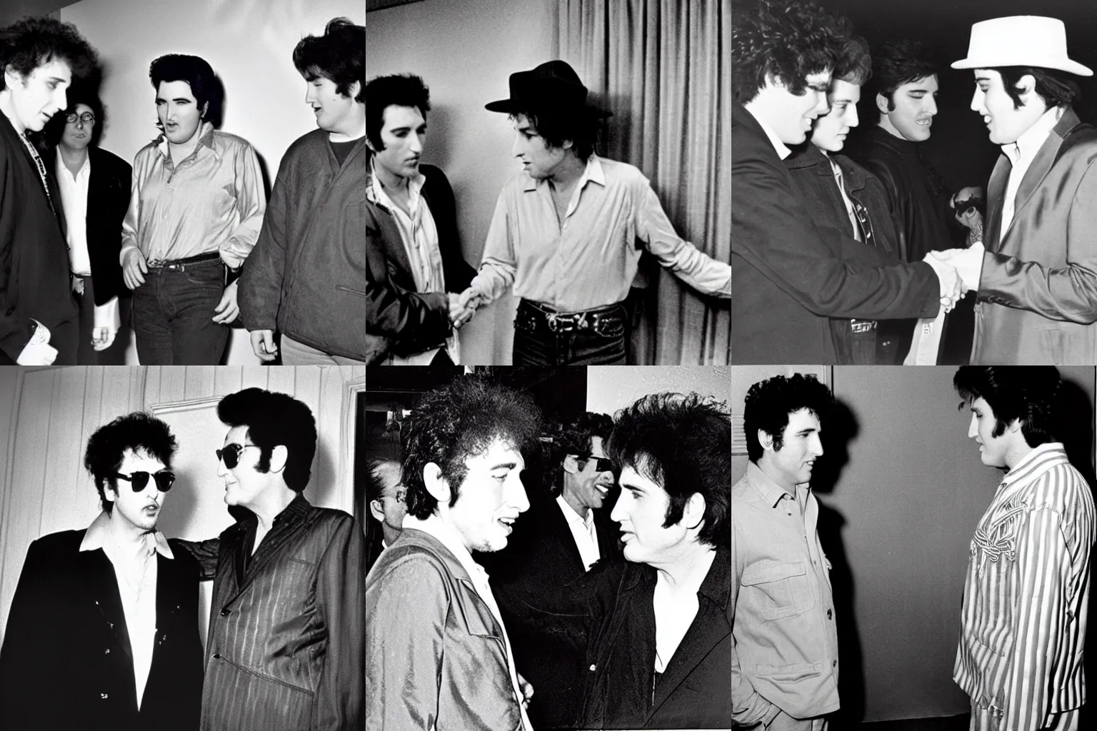 Prompt: bob dylan meeting elvis, historical press photograph, 35mm