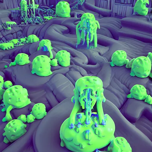 Image similar to slime lord king of the slime universe, skeleton, full body included, wide shot, 1 4 mm lens, f 2. 8, goopy, goop, fluids, soft tissue, subsurface scattering, reflections, ambient occlusion, raytracing, unreal engine 5, pixel art 8 - bit, by beeple