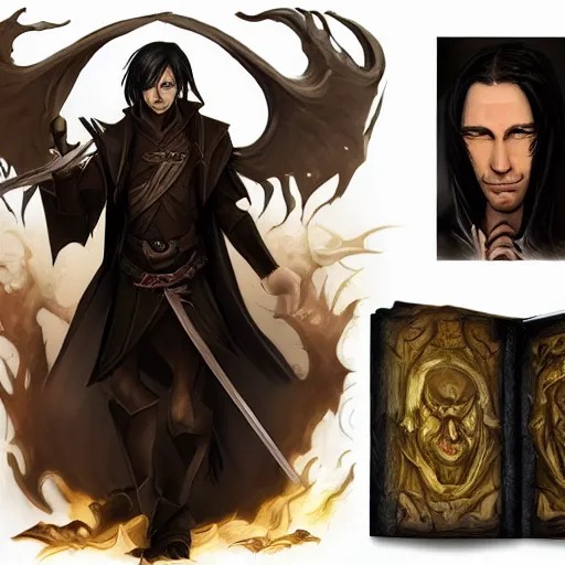 Prompt: DND character concept of a man ith tan skin and long straight black hair, holding an evil demonic book, rogue class, mentally possessed by a demon