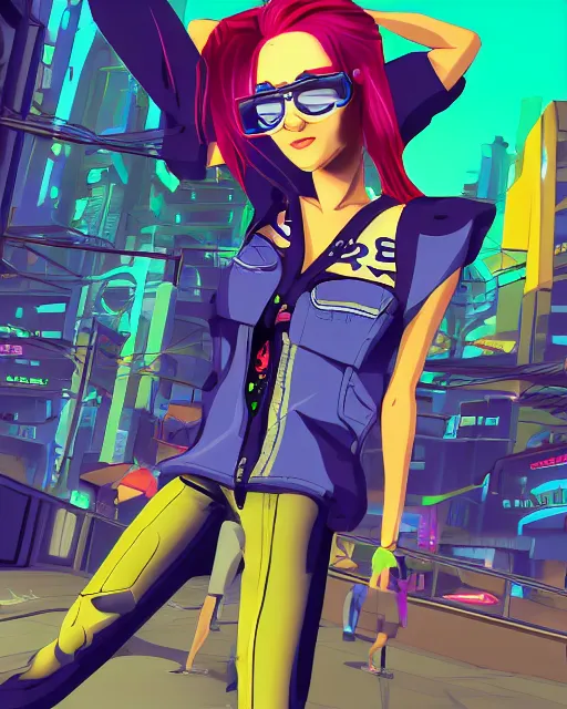 Image similar to cel shaded art of a pretty blue haired girl, jet grind radio graphics, cyberpunk city street background