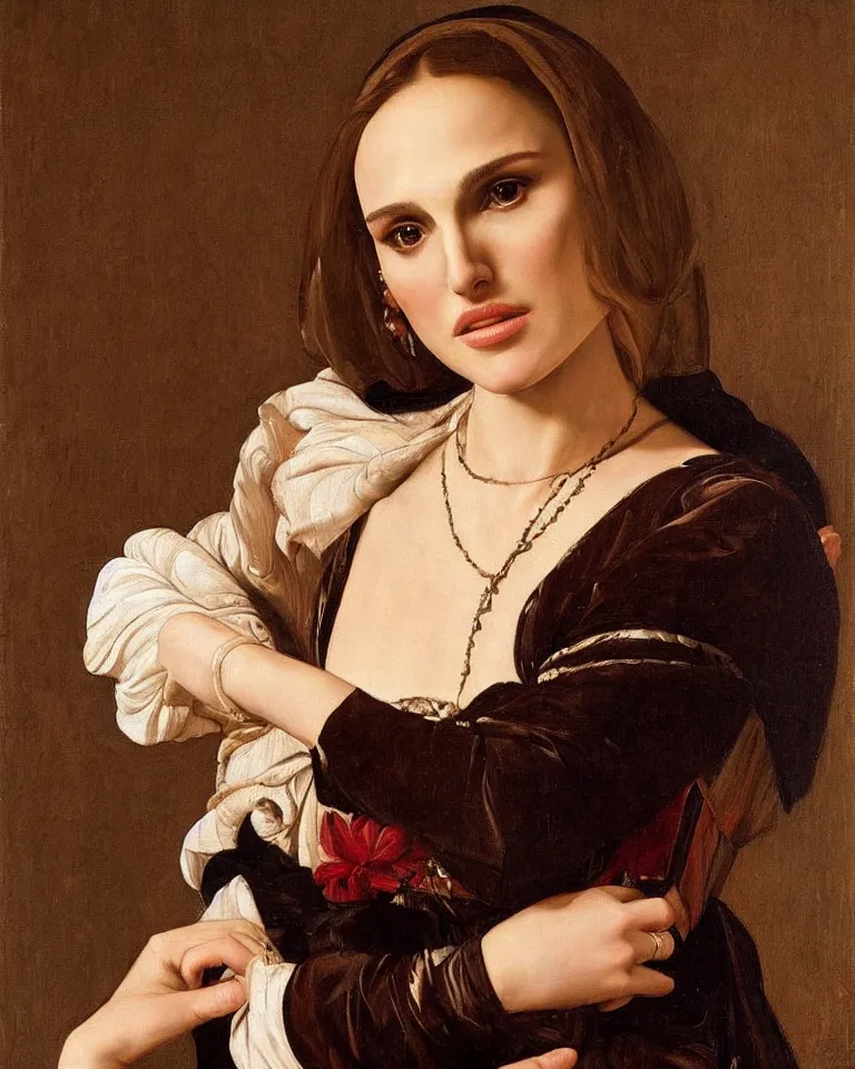 Image similar to a portrait of a Natalie Portman , beautiful clothes, oil painting in a renaissance style , very detailed, painted by Caravaggio.