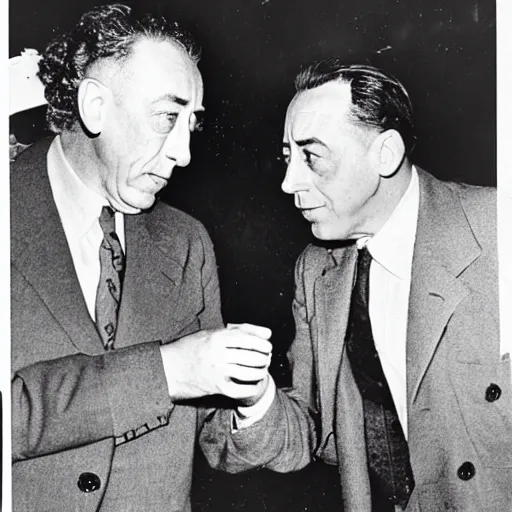 Image similar to Still of Albert Camus enjoying his time with Albert Einstein in Las Vegas casino, 1945 type photography