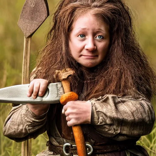 Image similar to photorealistic photograph of female dwarf with axe by Suzi Eszterhas, photorealism, photorealistic, realism, real, highly detailed, ultra detailed, detailed, f/2.8L Canon EF IS lens, Canon EOS-1D Mark II, Wildlife Photographer of the Year, Pulitzer Prize for Photography, 8k