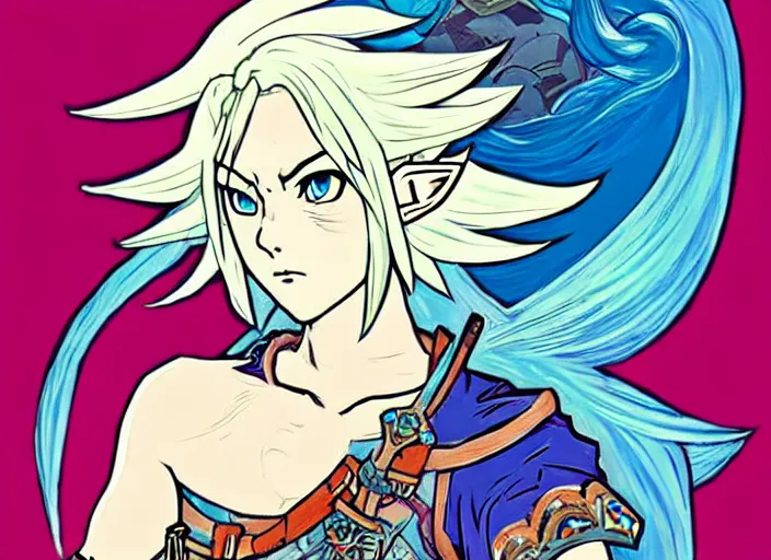 Image similar to link as the fierce diety form with white hair!! from the legend of zelda!! portrait illustration, pop art, splash painting, art by geof darrow, ashley wood, alphonse mucha, makoto shinkai