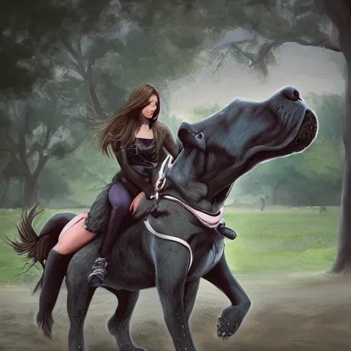 Prompt: girl riding a giant Neapolitan Mastiff in the park, trending on artstation