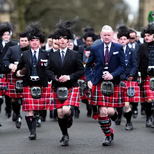 Prompt: English death squads lead by Liz Truss storm Edinburgh with Scottish people in kilts running in fear hyperrealistic 4k