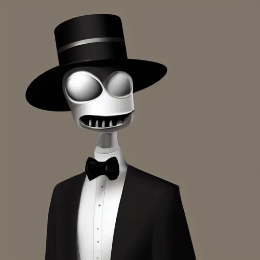 Image similar to an alien wearing a tuxedo and a bowler hat, in a city, photorealistic