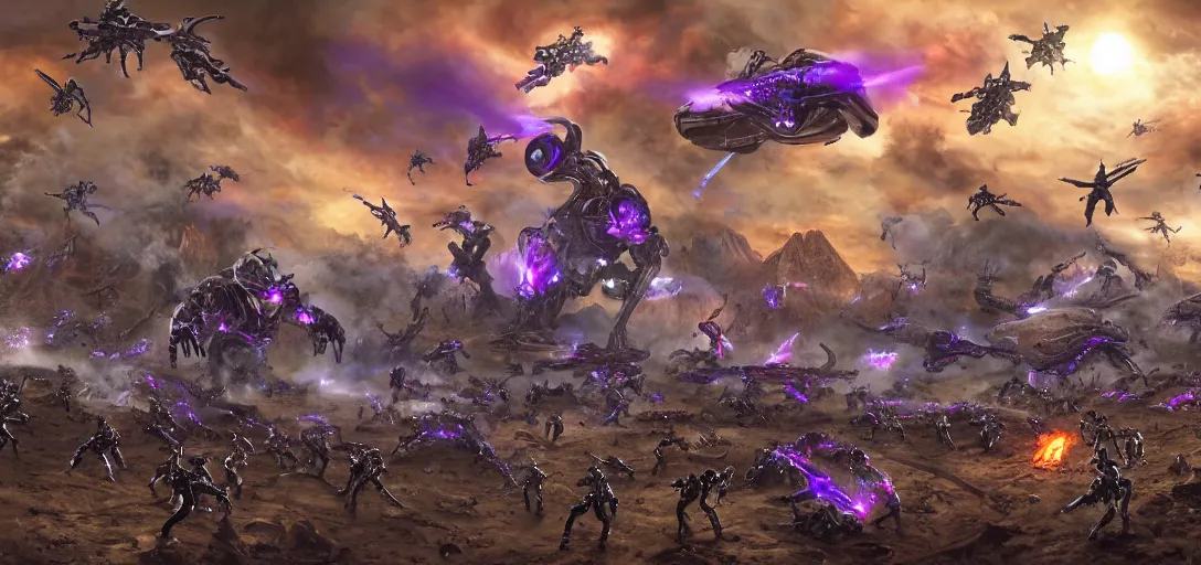 Prompt: epic army of chrome robots battle creatures on alien planet, explosions, smoke, purple and red lazers, landscape, alex ross, neal adams, david finch, war, concept art, matte painting, highly detailed, rule of thirds, dynamic lighting, cinematic, detailed, denoised, centerd