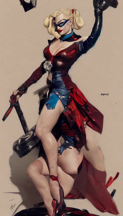 Image similar to margot robbie as harley quinn in a pin - up pose figure by artgerm, greg rutkowski and alphonse mucha, concept art, matte, intricate, full body, epic composition