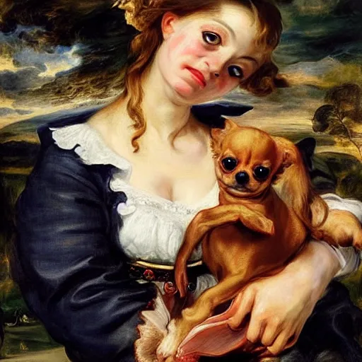 Image similar to heavenly summer sharp land sphere scallop well dressed lady holding little chihuahua in her arms, auslese, by peter paul rubens and eugene delacroix and karol bak, hyperrealism, digital illustration, fauvist, holding little chihuahua in her arms