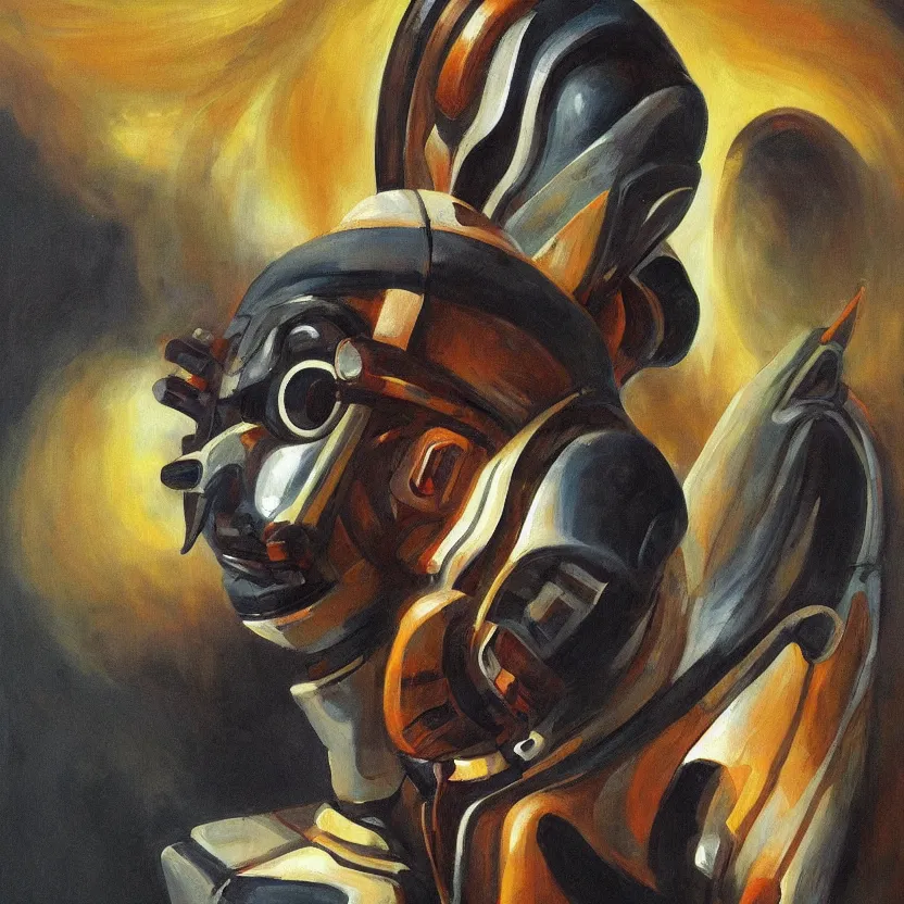 Image similar to painting of a futuristic person wearing a futuristic tribal mask. pulp sci - fi art for omni magazine. high contrast. dark background. baroque period, oil on canvas. renaissance masterpiece. muted colors, soft gradients. trending on artstation. retrofuturism.