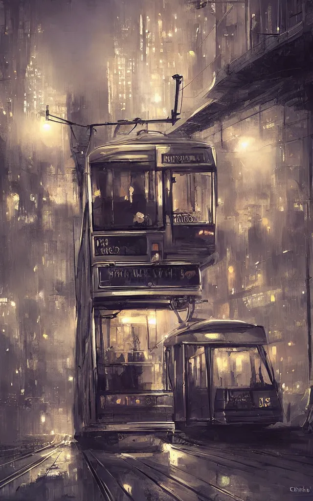 Prompt: city tram in the evening, by charlie bowater, by hazem taha hussein, by h. r. giger, by ismail inceoglu